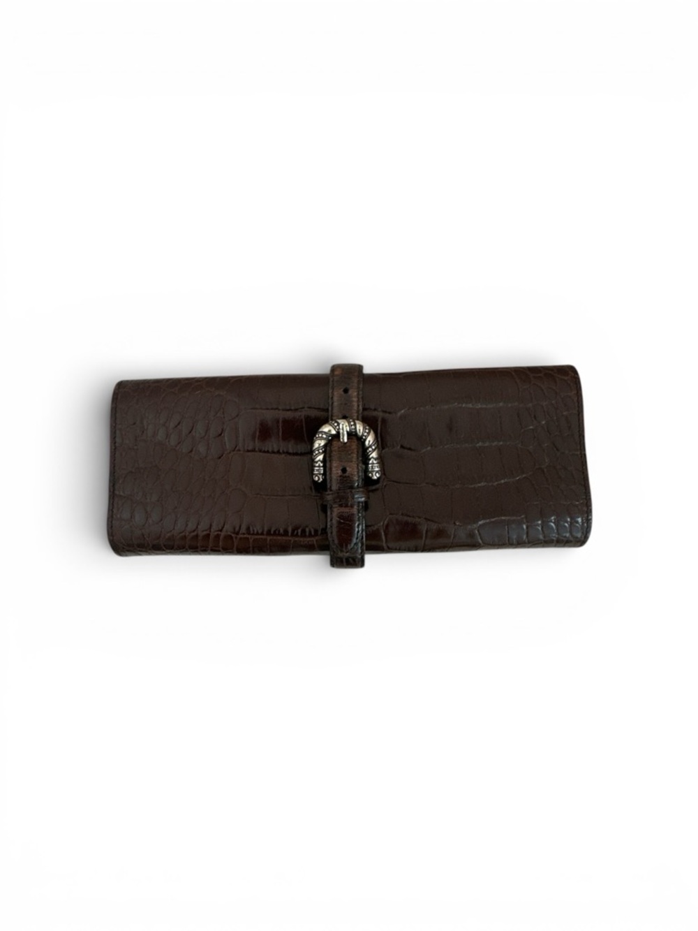 Brighton Dark Brown Croc-Embossed Wallet Clutch with Silver Buckle